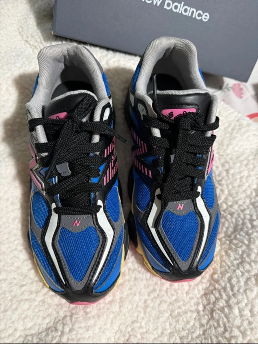 New Balance Kids Royal Blue Sneakers with Pink and Yellow Accents